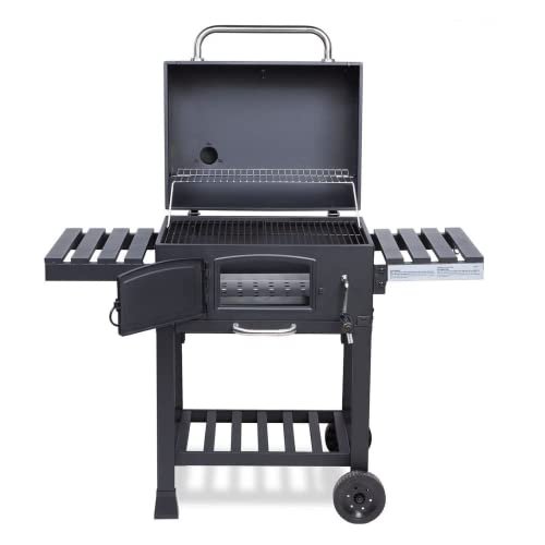 CosmoGrill Outdoor XL Charcoal Smoker BBQ Grill – Adjustable Charcoal Pan, Built-in Thermometer, 2 Side Tables, Chimney & Wheels – Portable Garden Barbecue Smoker