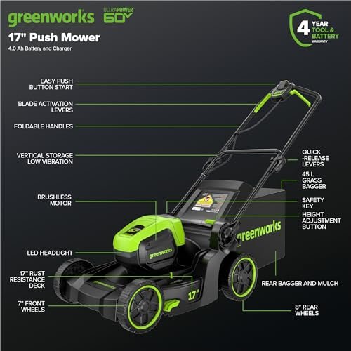 Greenworks 60V Brushless Cordless Push Lawn Mower – 17″ (43 cm) Deck, 4.0 Ah Battery & 3 A Rapid Charger, 40 Min Runtime - Image 5