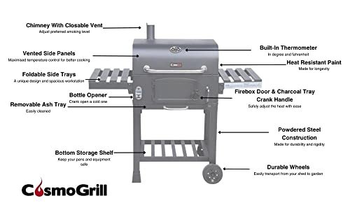 CosmoGrill Outdoor XL Charcoal Smoker BBQ Grill – Adjustable Charcoal Pan, Built-in Thermometer, 2 Side Tables, Chimney & Wheels – Portable Garden Barbecue Smoker - Image 5