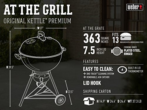 Weber Original Kettle Premium Charcoal Grill – 22-Inch Black BBQ with Hinged Cooking Grate, One-Touch Cleaning System, Heat Retention Lid, and Built-In Thermometer - Image 9