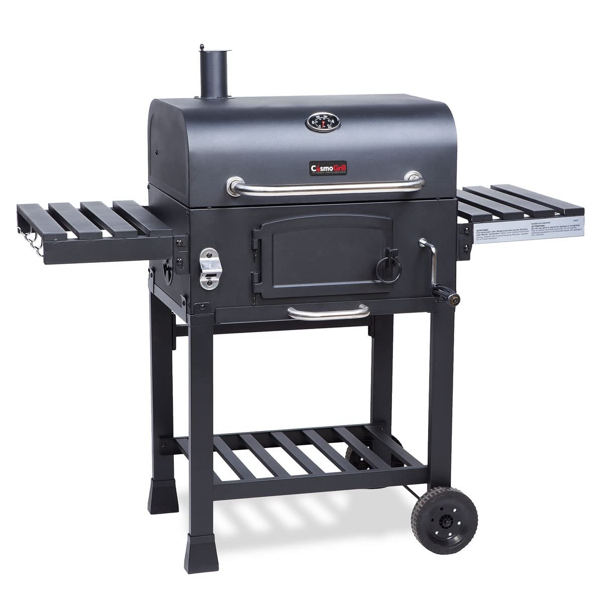 CosmoGrill Outdoor XL Charcoal Smoker BBQ Grill – Adjustable Charcoal Pan, Built-in Thermometer, 2 Side Tables, Chimney & Wheels – Portable Garden Barbecue Smoker - Image 9