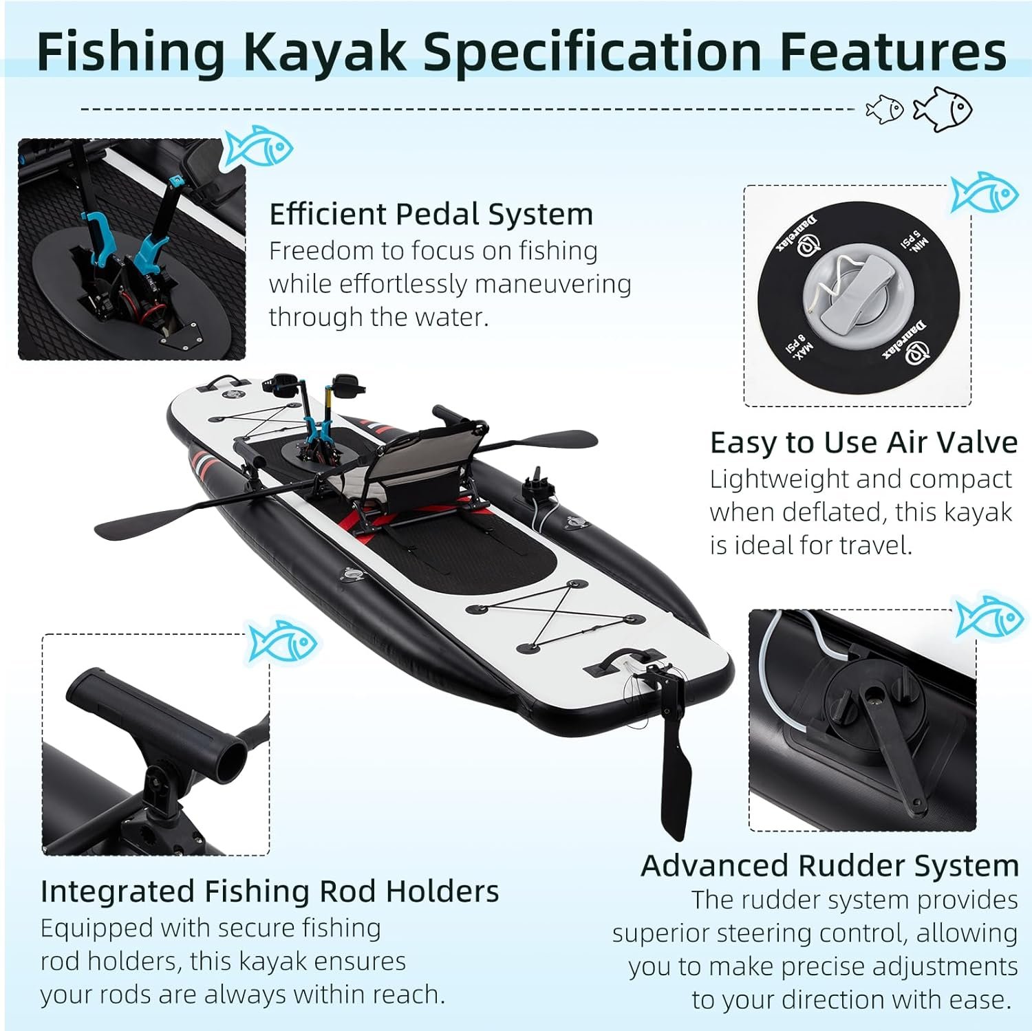 12ft Inflatable Fishing Kayak with Pedal System – PVC Premium, Aluminum Seat, Rudder & Accessories - Image 5