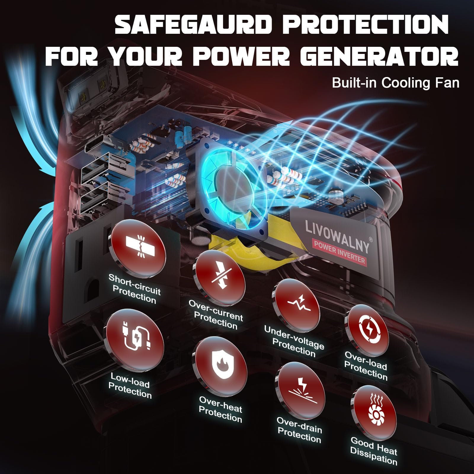 200 W Power Inverter for DEWALT 20 V Batteries – DC 20 V → AC 110 V Pure Sine Wave, Portable Battery-Powered Generator with 1 AC Outlet, 2 USB-A, 1 USB-C & 200 LM LED Work Light - Image 9