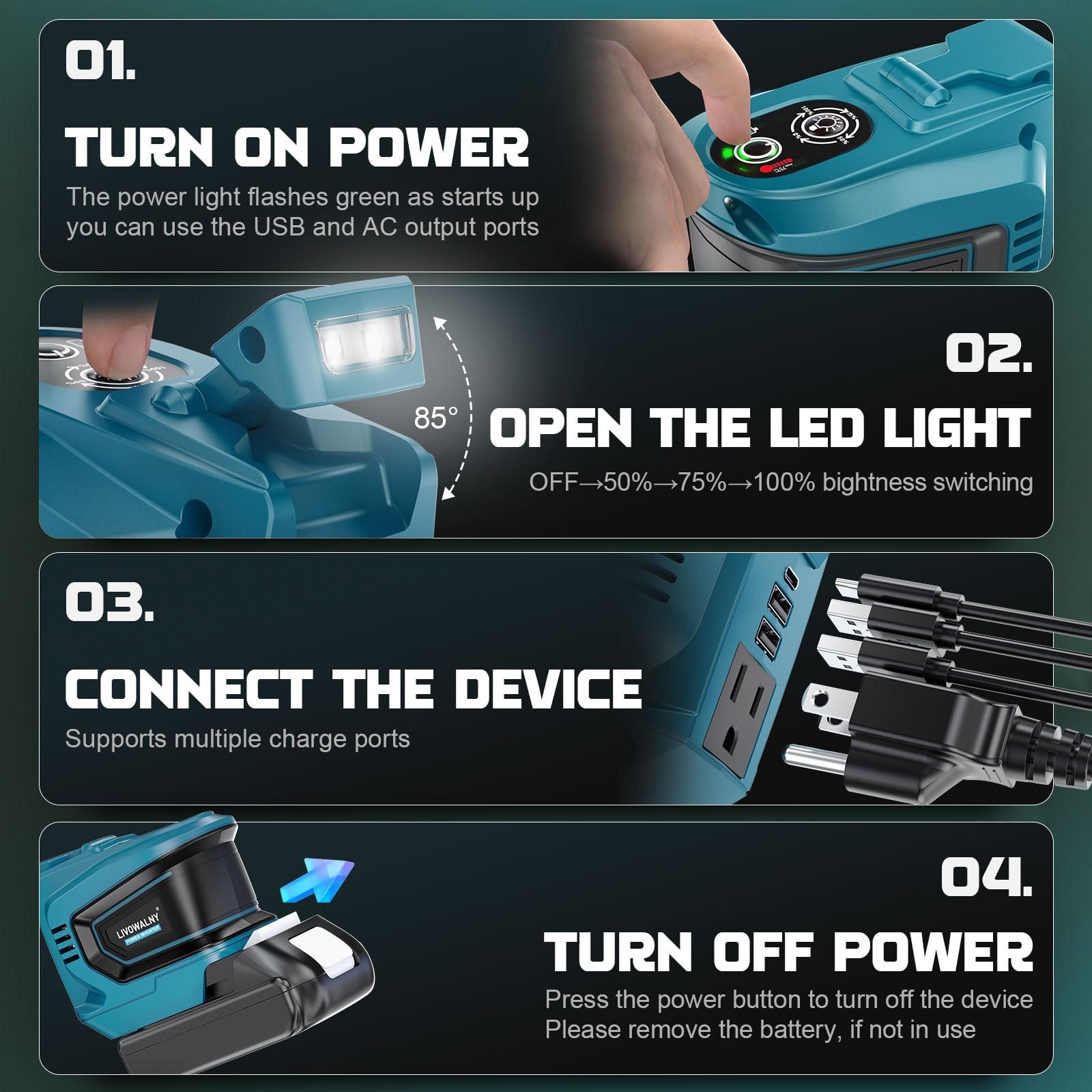 200 W Power Inverter for DEWALT 20 V Batteries – DC 20 V → AC 110 V Pure Sine Wave, Portable Battery-Powered Generator with 1 AC Outlet, 2 USB-A, 1 USB-C & 200 LM LED Work Light - Image 37