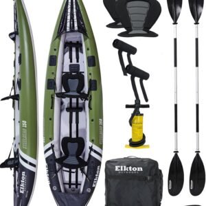 Elkton Outdoors Steelhead 130 12’6″ Inflatable Fishing Kayak – Rigid Dropstitch Floor, Tandem Kayak with Seats, Paddles & Accessories