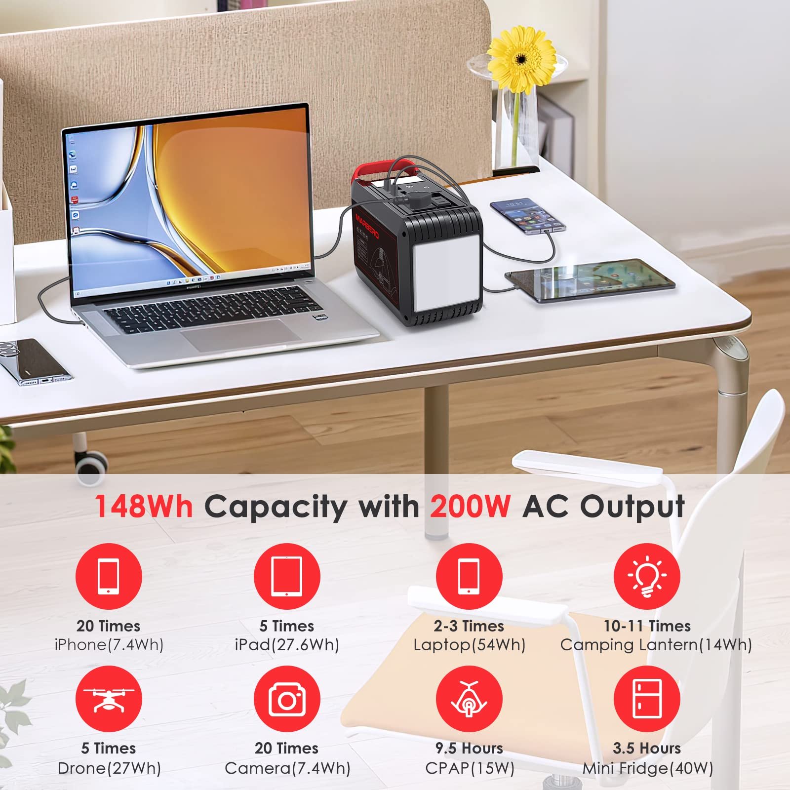 MARBERO M82 Portable Power Station – 88Wh/24000mAh Lithium Battery | 80W AC Output | Solar Rechargeable Backup Power Bank for Camping, Emergency, RV & Outdoor Use - Image 11