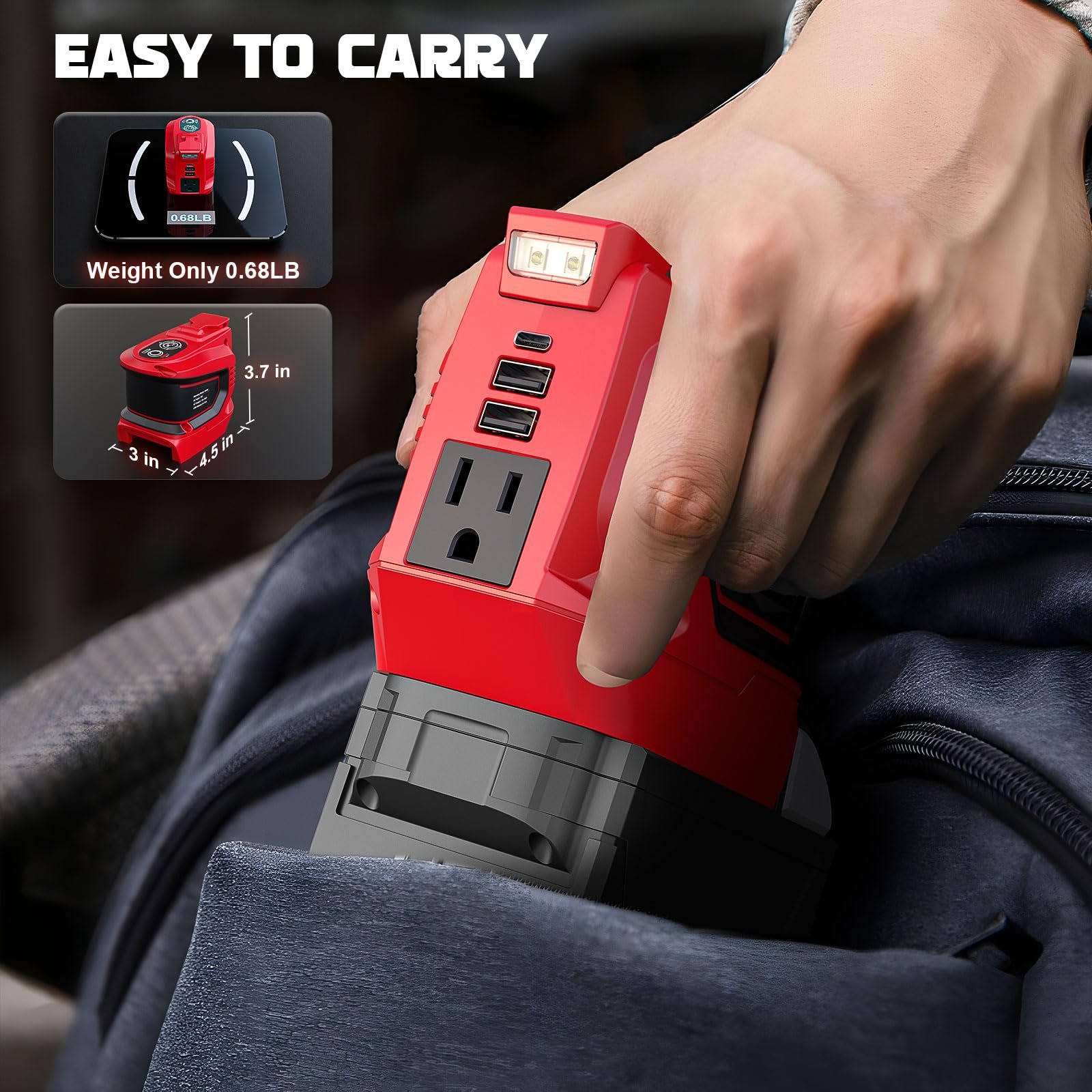 200 W Power Inverter for DEWALT 20 V Batteries – DC 20 V → AC 110 V Pure Sine Wave, Portable Battery-Powered Generator with 1 AC Outlet, 2 USB-A, 1 USB-C & 200 LM LED Work Light - Image 8