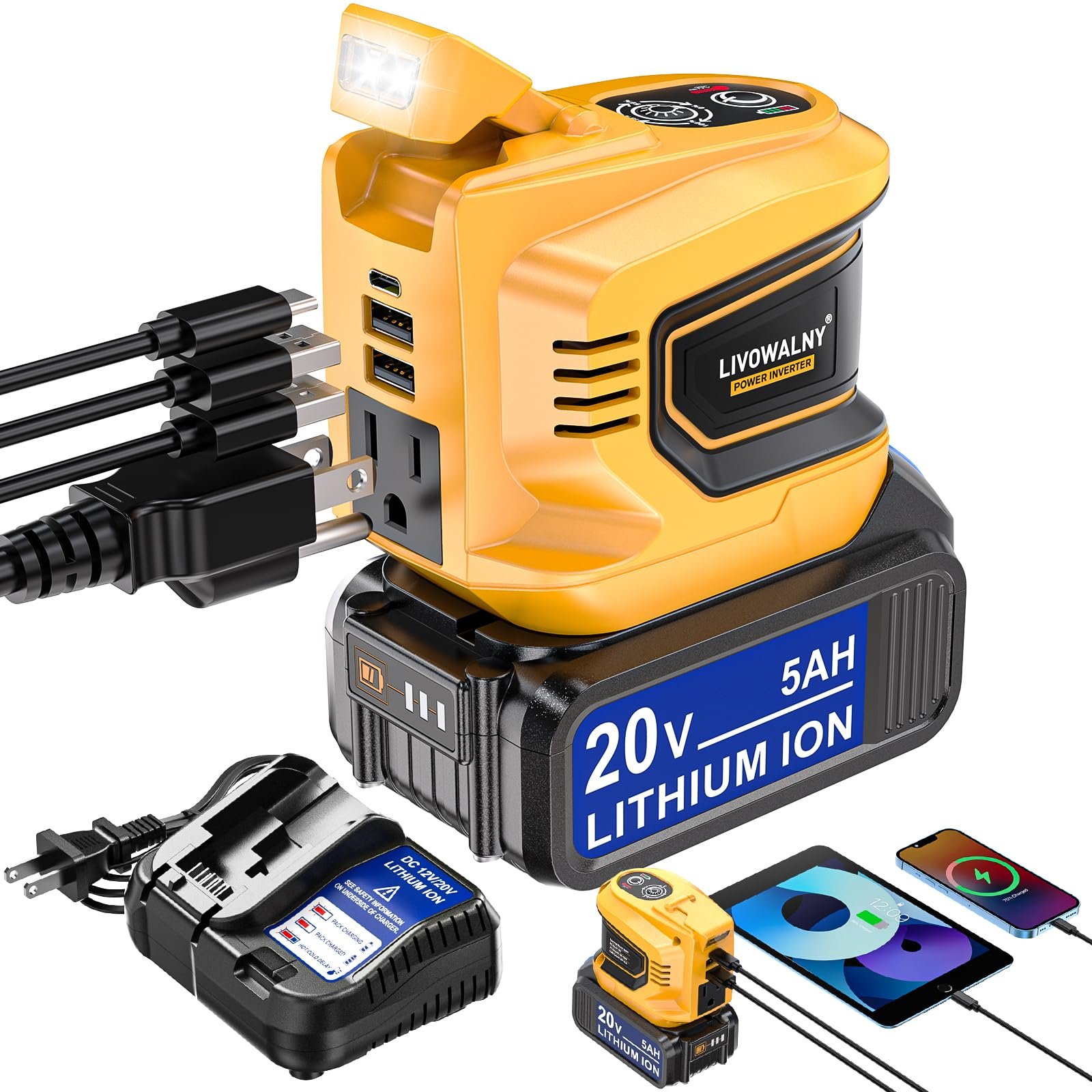 200 W Power Inverter for DEWALT 20 V Batteries – DC 20 V → AC 110 V Pure Sine Wave, Portable Battery-Powered Generator with 1 AC Outlet, 2 USB-A, 1 USB-C & 200 LM LED Work Light - Image 2