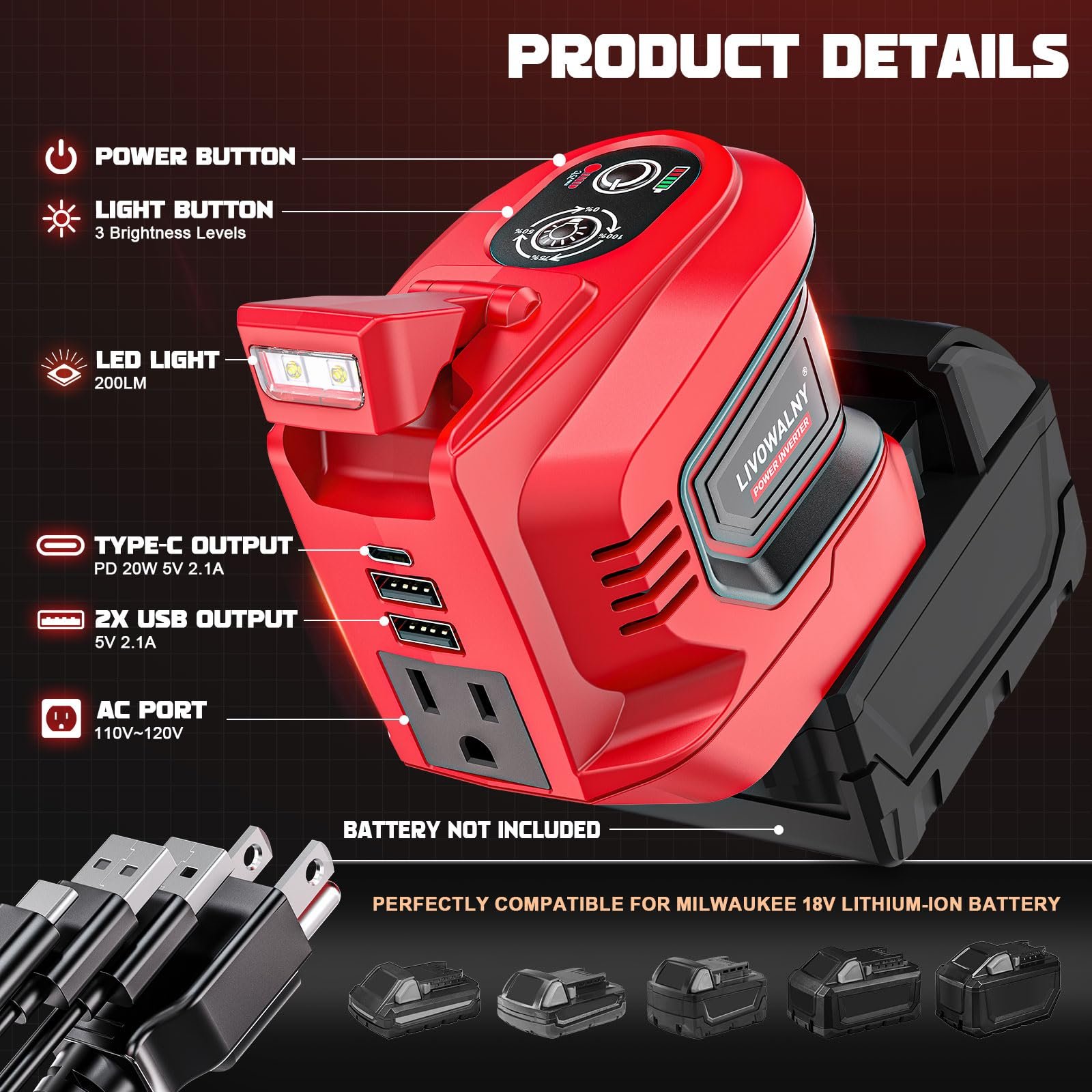 200 W Power Inverter for DEWALT 20 V Batteries – DC 20 V → AC 110 V Pure Sine Wave, Portable Battery-Powered Generator with 1 AC Outlet, 2 USB-A, 1 USB-C & 200 LM LED Work Light - Image 7