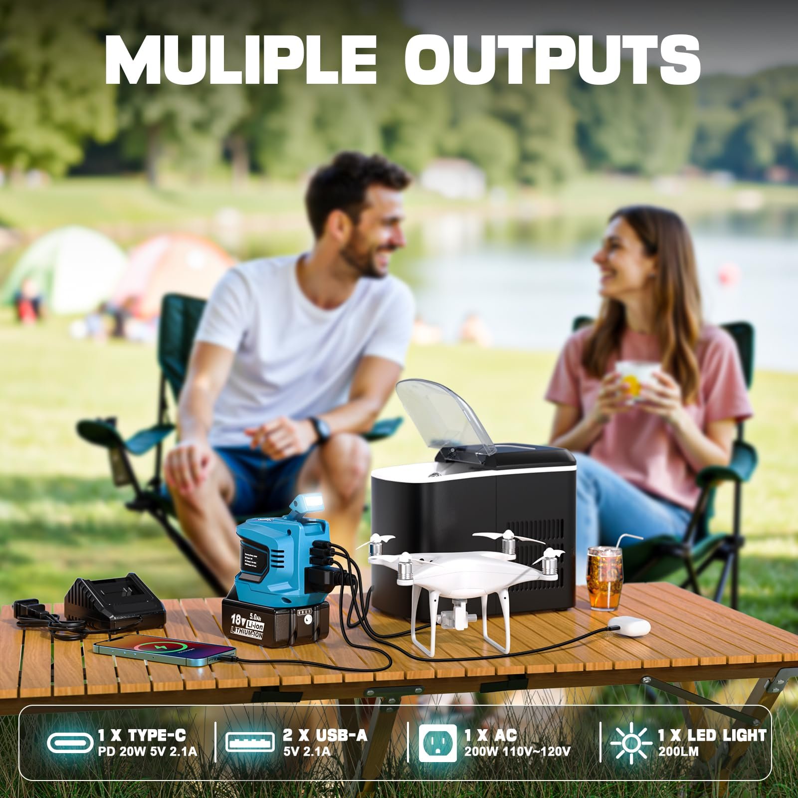 200 W Power Inverter for DEWALT 20 V Batteries – DC 20 V → AC 110 V Pure Sine Wave, Portable Battery-Powered Generator with 1 AC Outlet, 2 USB-A, 1 USB-C & 200 LM LED Work Light - Image 21