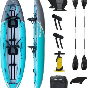 Driftsun Rover Inflatable White Water Kayak – 1 & 2 Person, High-Pressure Floor, EVA Padded Seats, Action Cam Mount, Aluminum Paddles & Pump
