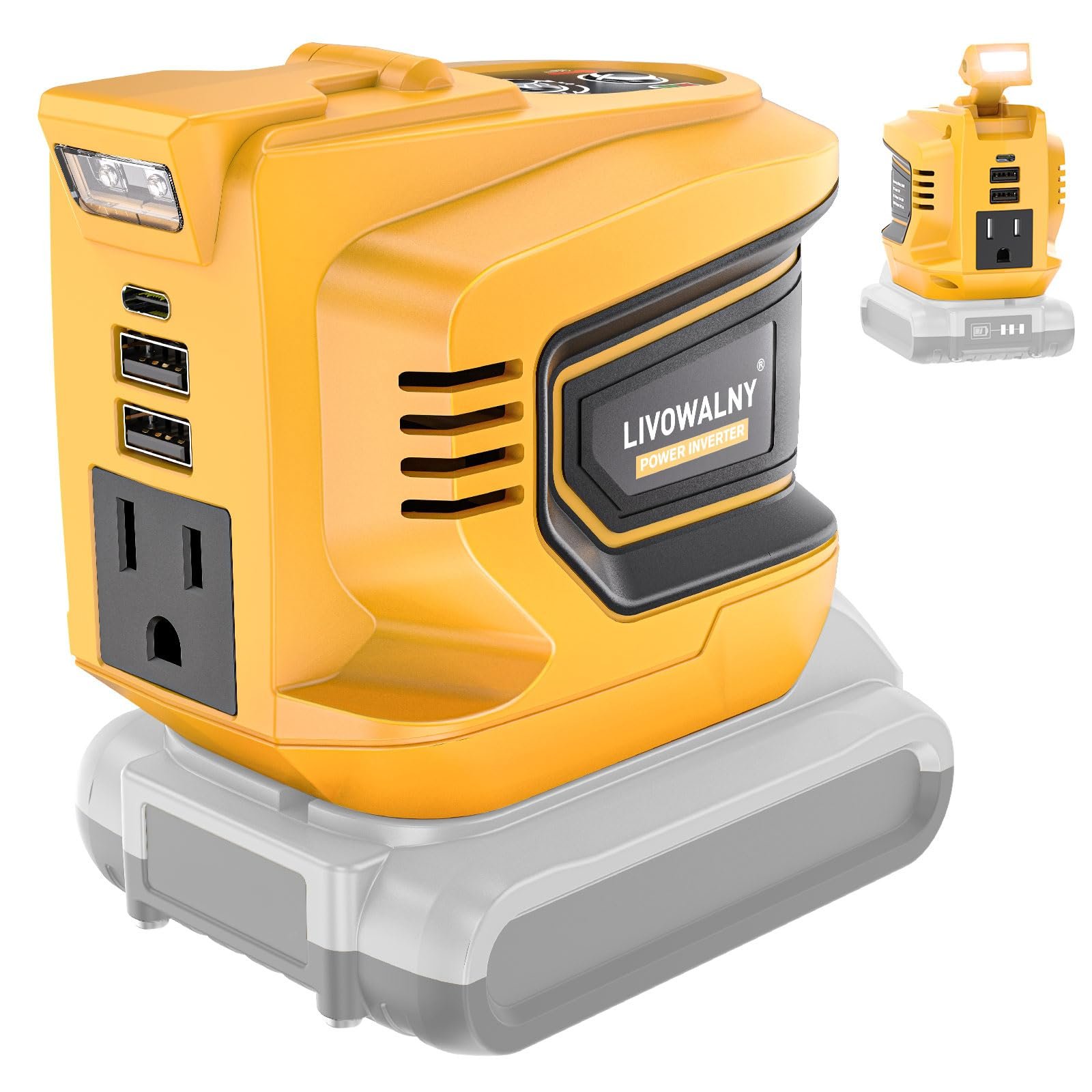 200 W Power Inverter for DEWALT 20 V Batteries – DC 20 V → AC 110 V Pure Sine Wave, Portable Battery-Powered Generator with 1 AC Outlet, 2 USB-A, 1 USB-C & 200 LM LED Work Light - Image 4