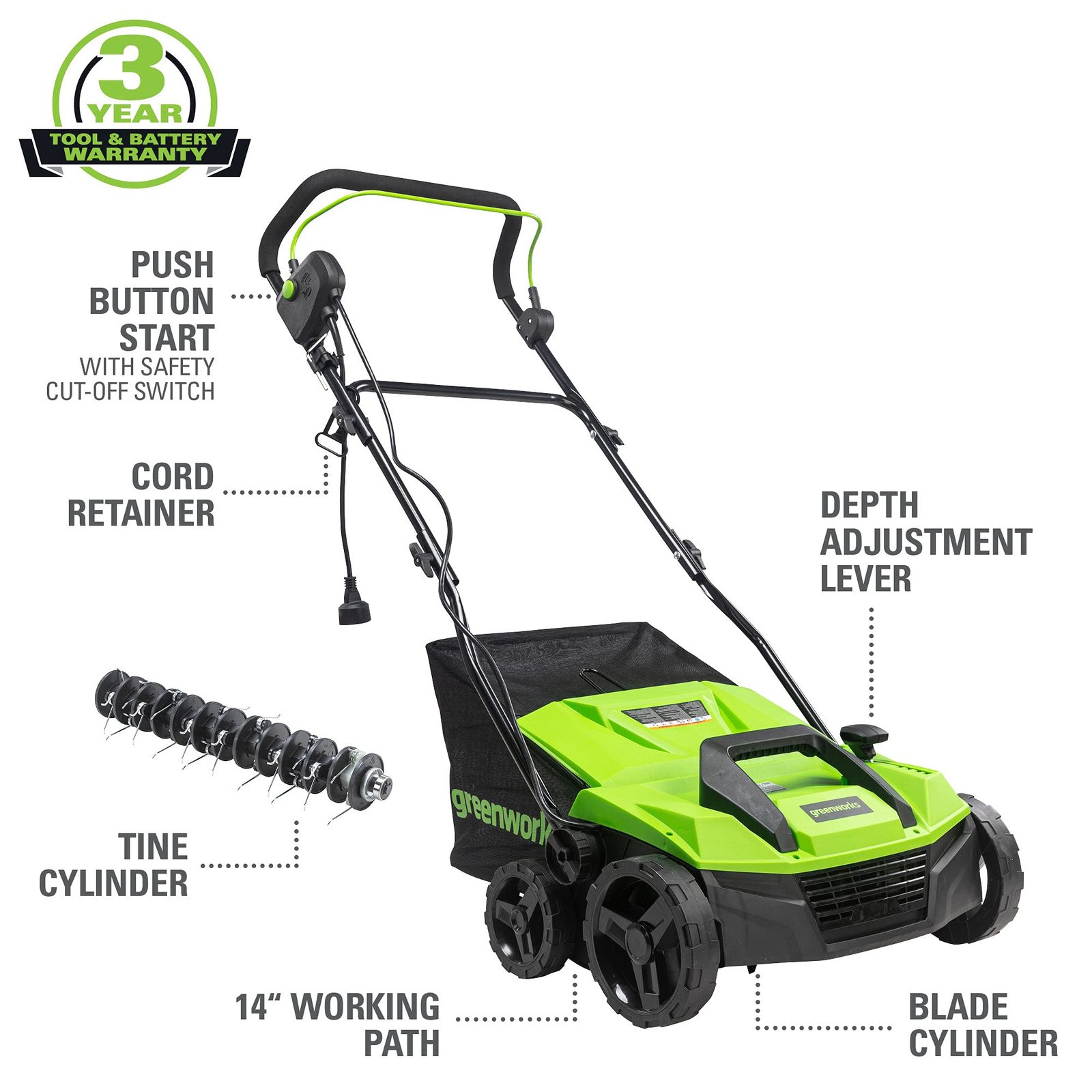 Greenworks 13 Amp Corded Dethatcher & Scarifier – 14″ (35.6 cm) Deck, 5-Position Depth (DT13B00) - Image 4