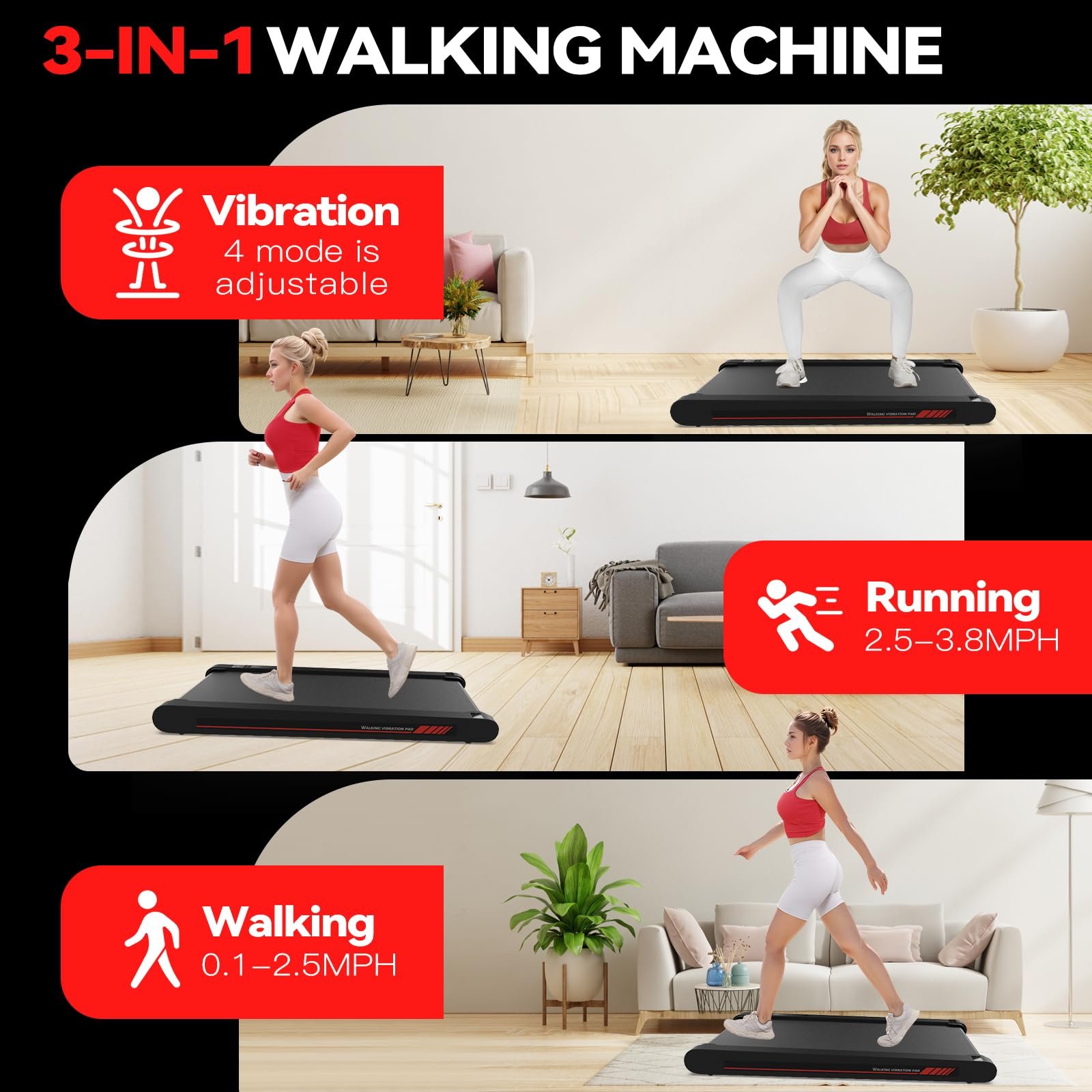 Sperax 3-in-1 Under-Desk Walking Pad – App & Remote-Controlled Vibration Treadmill, 2.5 HP Quiet Motor, 9% Auto-Incline (Red) - Image 7