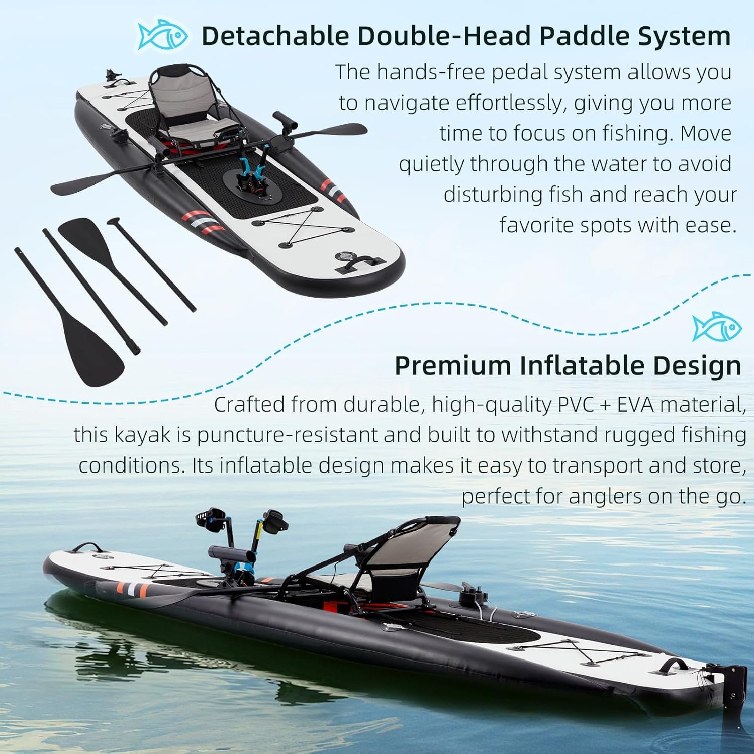 12ft Inflatable Fishing Kayak with Pedal System – PVC Premium, Aluminum Seat, Rudder & Accessories - Image 7