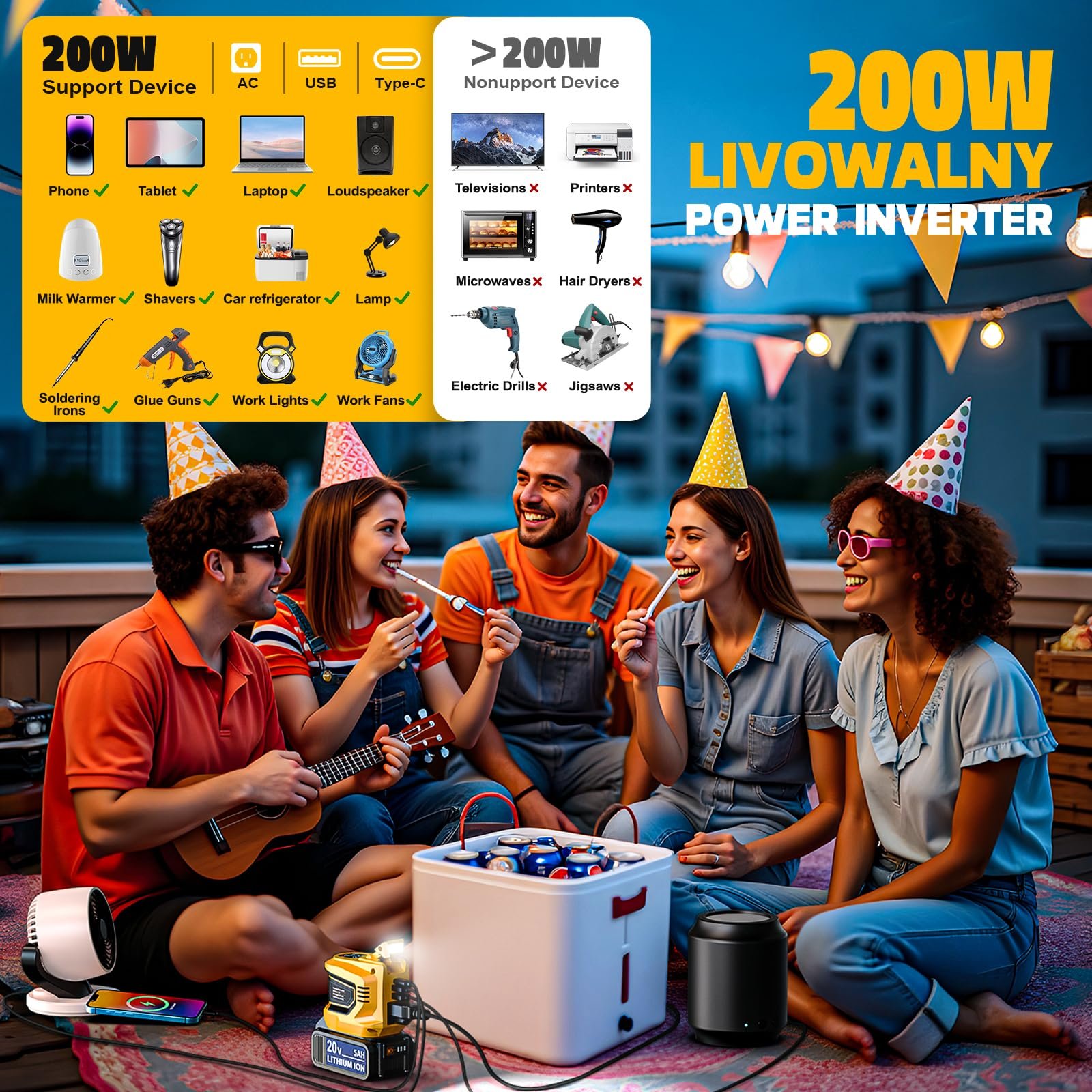 200 W Power Inverter for DEWALT 20 V Batteries – DC 20 V → AC 110 V Pure Sine Wave, Portable Battery-Powered Generator with 1 AC Outlet, 2 USB-A, 1 USB-C & 200 LM LED Work Light - Image 18