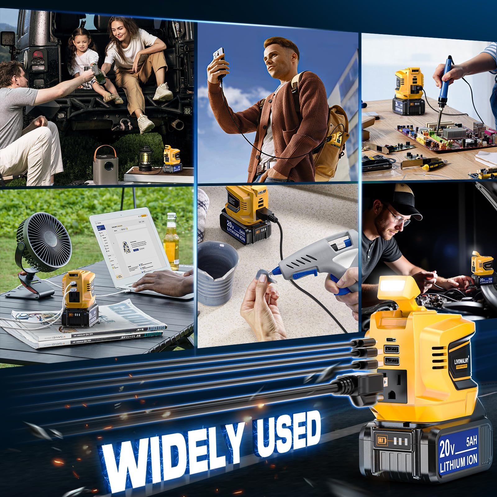 200 W Power Inverter for DEWALT 20 V Batteries – DC 20 V → AC 110 V Pure Sine Wave, Portable Battery-Powered Generator with 1 AC Outlet, 2 USB-A, 1 USB-C & 200 LM LED Work Light - Image 19