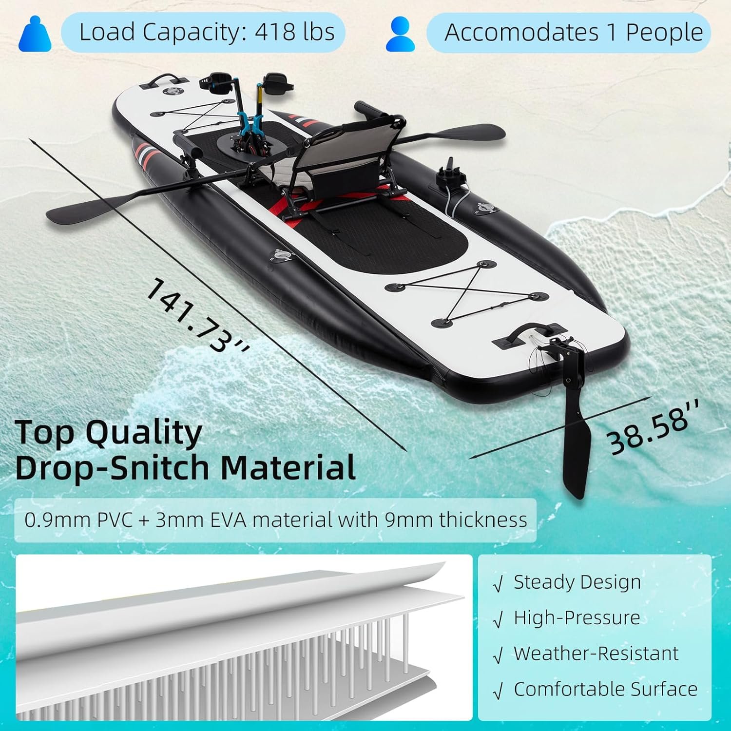 12ft Inflatable Fishing Kayak with Pedal System – PVC Premium, Aluminum Seat, Rudder & Accessories - Image 3