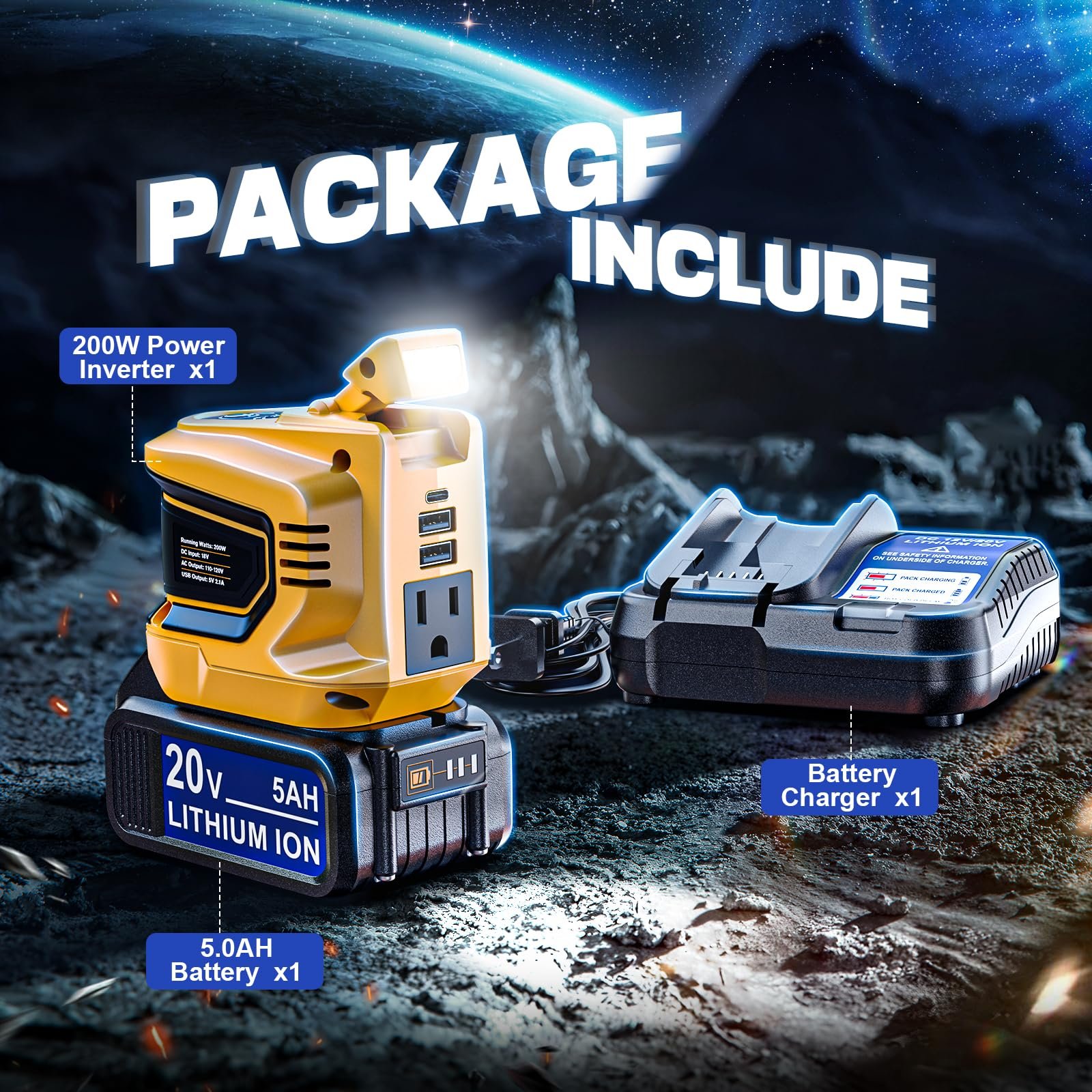 200 W Power Inverter for DEWALT 20 V Batteries – DC 20 V → AC 110 V Pure Sine Wave, Portable Battery-Powered Generator with 1 AC Outlet, 2 USB-A, 1 USB-C & 200 LM LED Work Light - Image 20