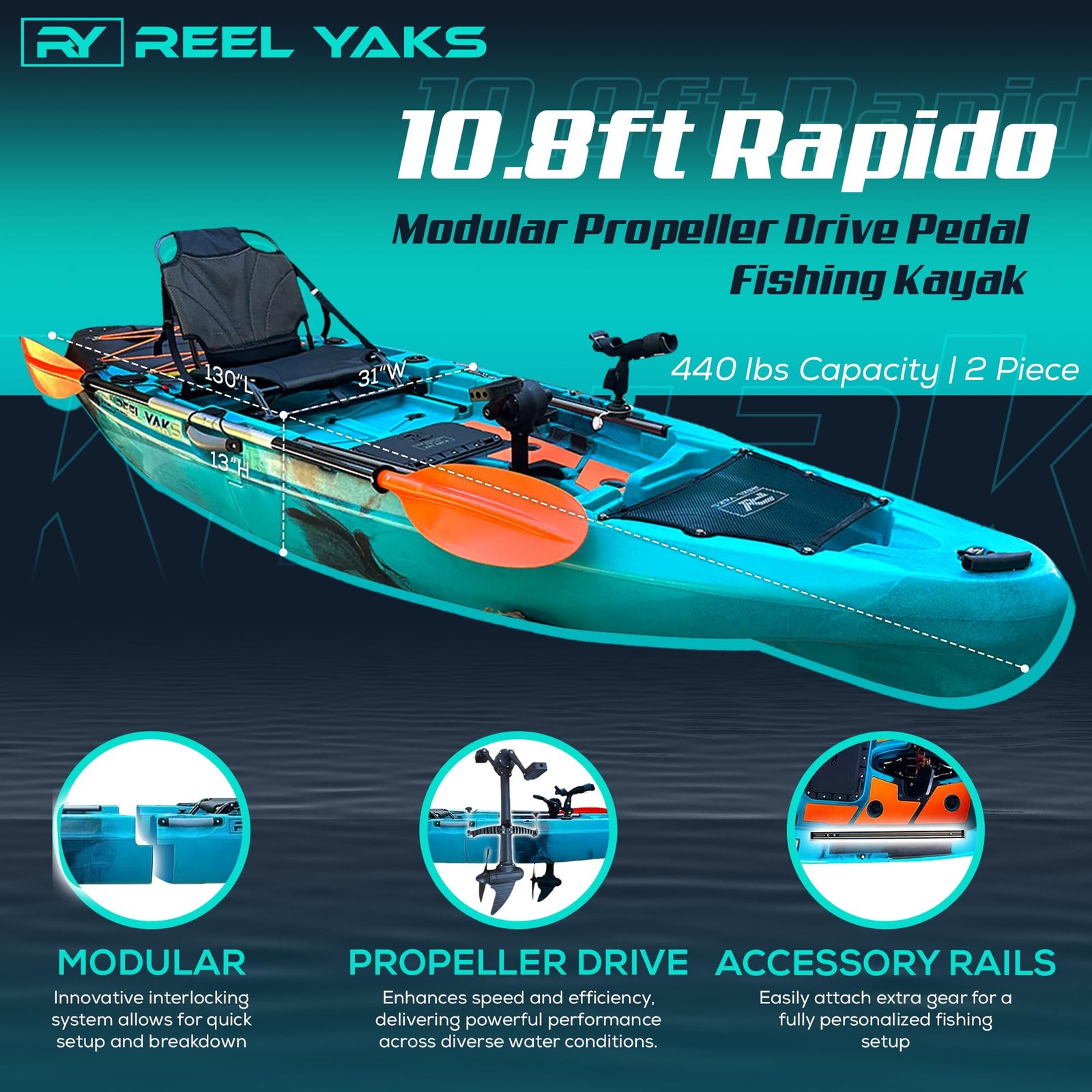 Rapido Modular Fishing Kayak – 10.8 ft Sit-On-Top, Propeller Drive, 400 lb Capacity, Lightweight & Portable - Image 2