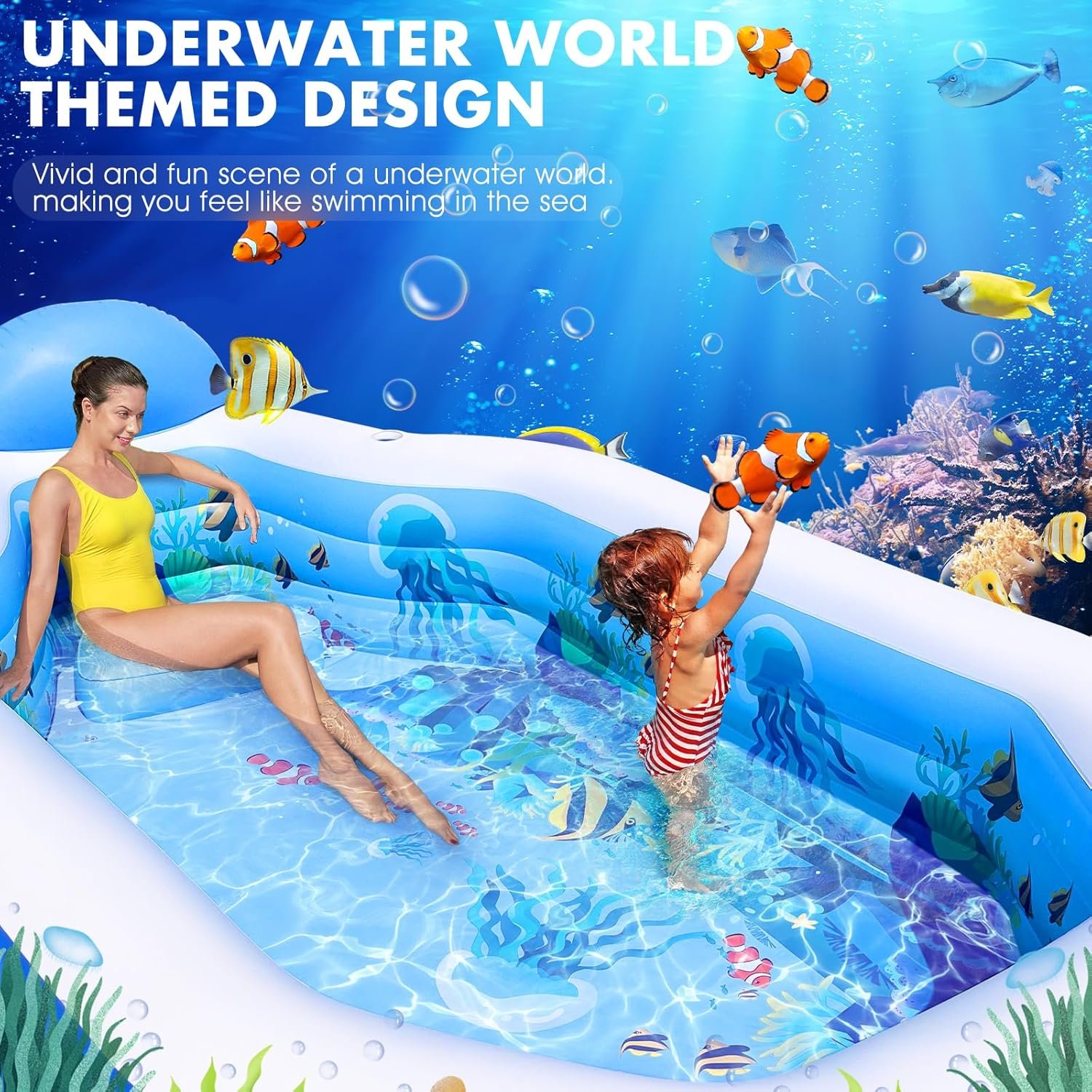 StarOcean 126" x 75" x 25" (320cm x 190cm x 64cm) Inflatable Pool with Canopy for Adults & Kids – Thick 0.6mm PVC, Built-in Seats, Backrests, and Ocean Print – Large Rectangular Blow-Up Family Pool for Backyard - Image 4