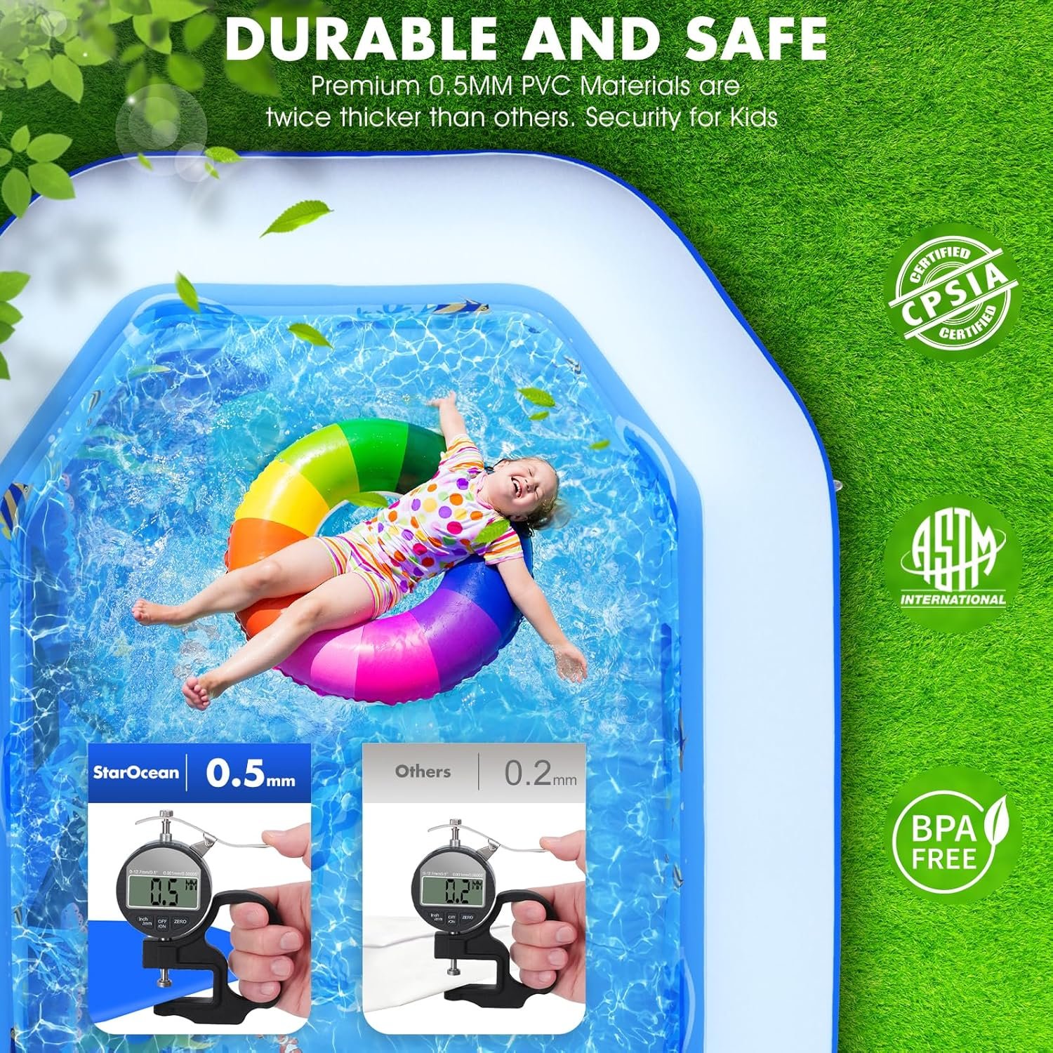 StarOcean 126" x 75" x 25" (320cm x 190cm x 64cm) Inflatable Pool with Canopy for Adults & Kids – Thick 0.6mm PVC, Built-in Seats, Backrests, and Ocean Print – Large Rectangular Blow-Up Family Pool for Backyard - Image 5