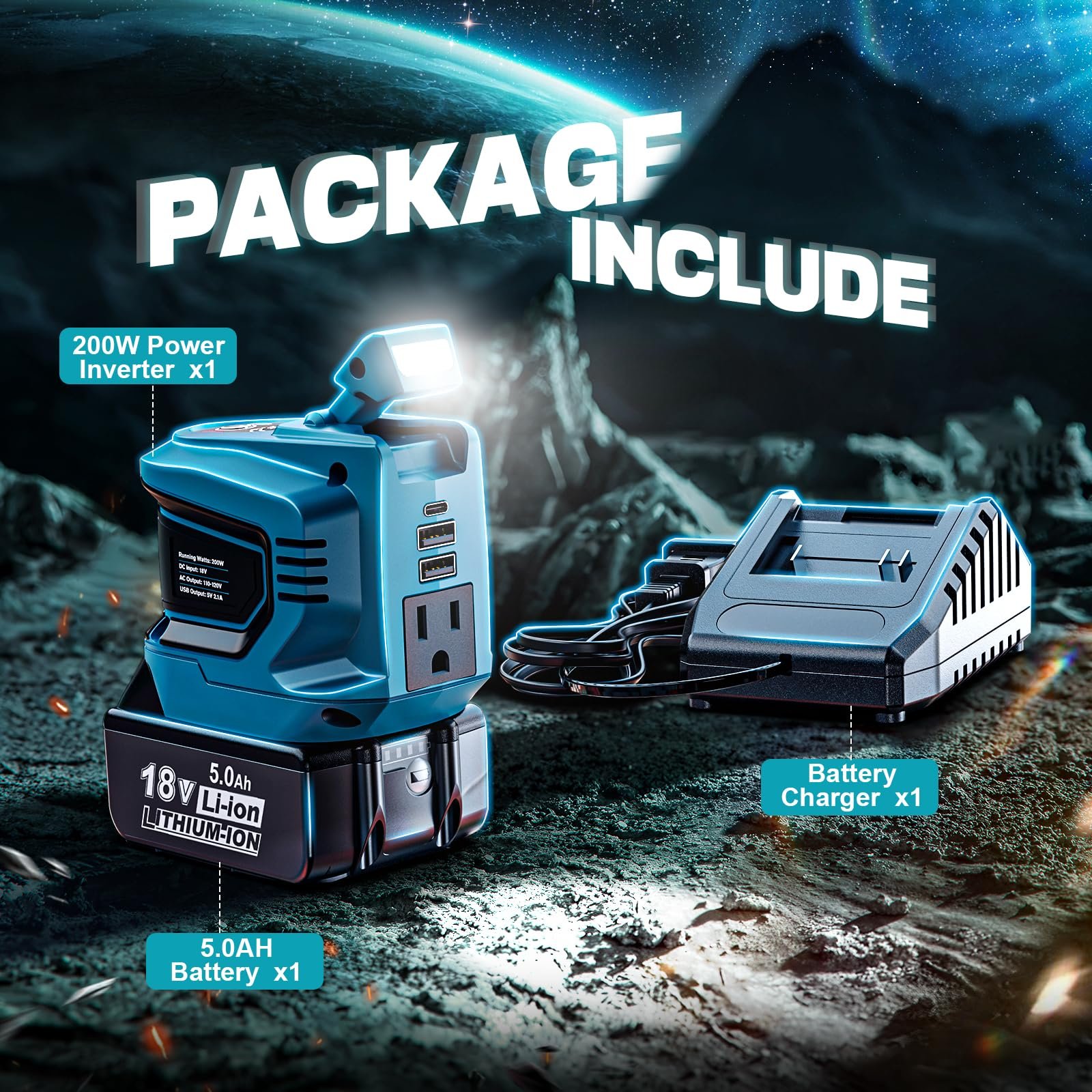 200 W Power Inverter for DEWALT 20 V Batteries – DC 20 V → AC 110 V Pure Sine Wave, Portable Battery-Powered Generator with 1 AC Outlet, 2 USB-A, 1 USB-C & 200 LM LED Work Light - Image 28