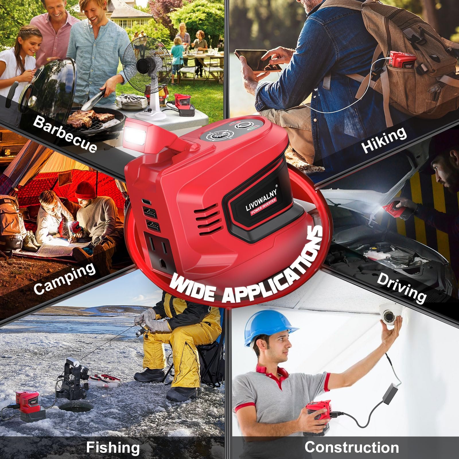 200 W Power Inverter for DEWALT 20 V Batteries – DC 20 V → AC 110 V Pure Sine Wave, Portable Battery-Powered Generator with 1 AC Outlet, 2 USB-A, 1 USB-C & 200 LM LED Work Light - Image 12