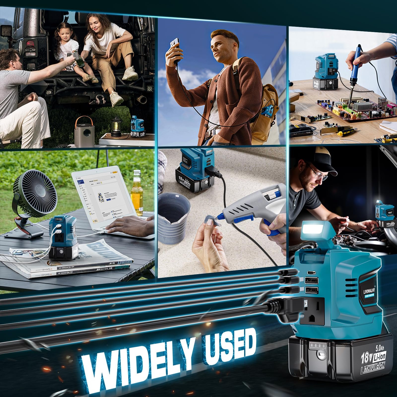 200 W Power Inverter for DEWALT 20 V Batteries – DC 20 V → AC 110 V Pure Sine Wave, Portable Battery-Powered Generator with 1 AC Outlet, 2 USB-A, 1 USB-C & 200 LM LED Work Light - Image 27