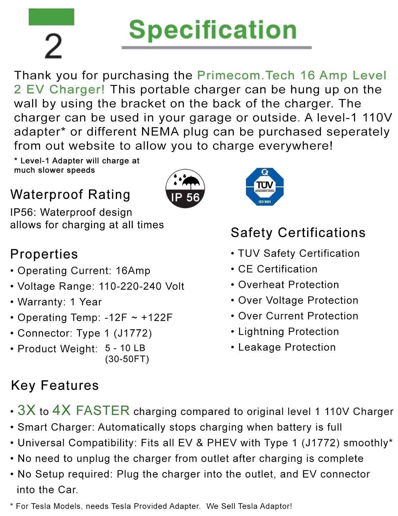 Primecom.Tech 16 Amp Level 2 Electric Vehicle (EV) Charger 3X to 4X faster 220 Volt 30', 40', 50' Feet Lengths Only In ElectoGb