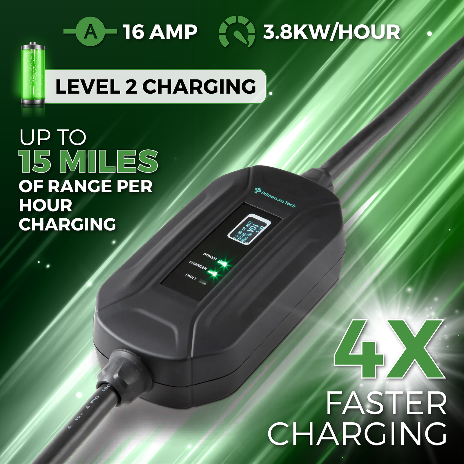 Primecom.Tech 16 Amp Level 2 Electric Vehicle (EV) Charger 3X to 4X faster 220 Volt 30', 40', 50' Feet Lengths Only In ElectoGb