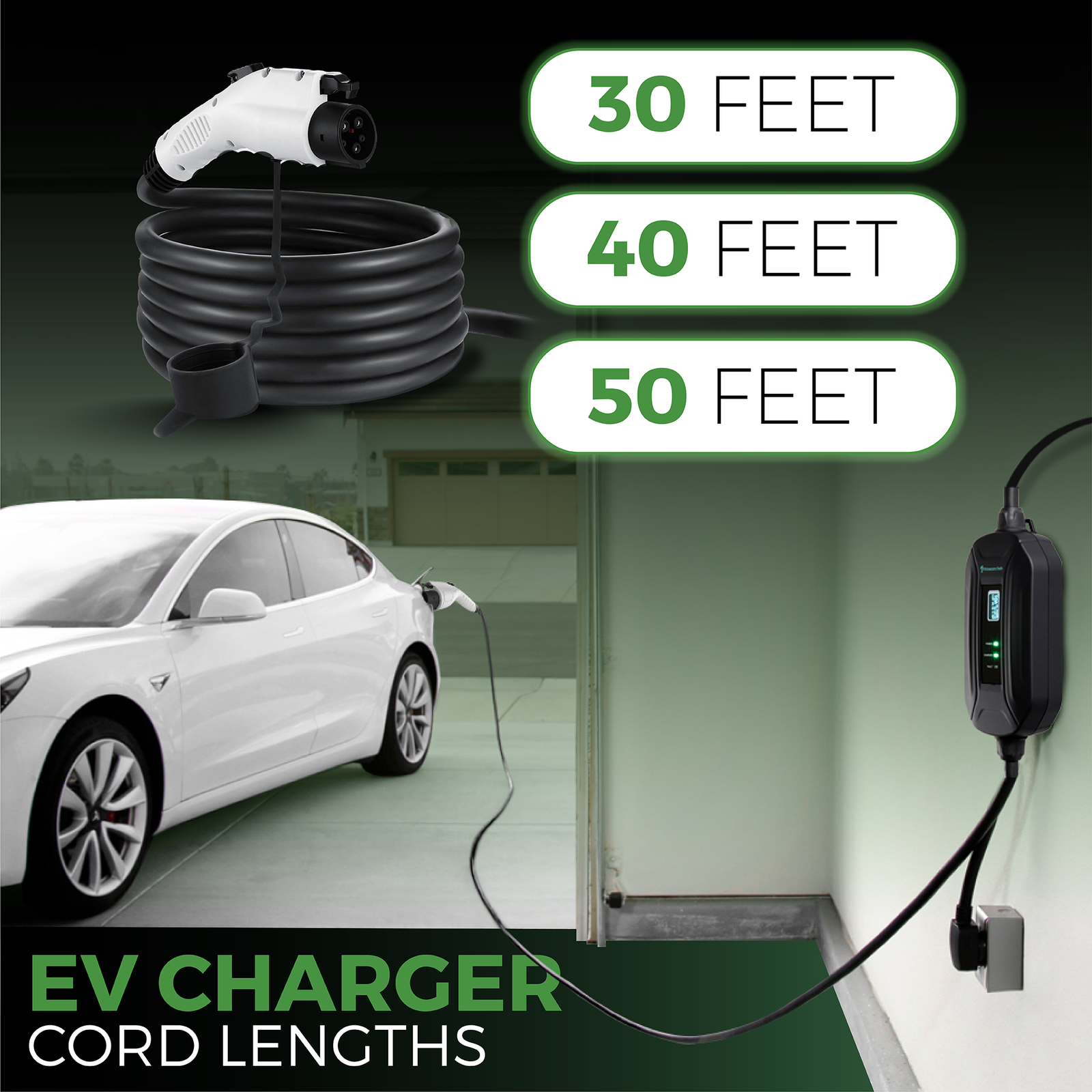 Primecom.Tech 16 Amp Level 2 Electric Vehicle (EV) Charger 3X to 4X faster 220 Volt 30', 40', 50' Feet Lengths Only In ElectoGb